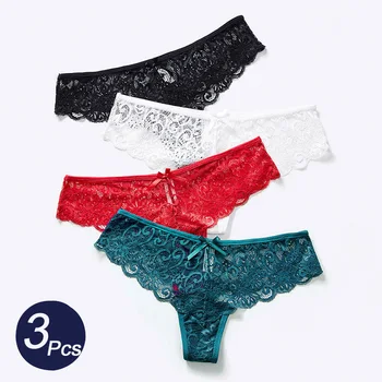 3 uds bragas para mujer, ropa interior Sexy de encaje sin costuras, lencería con Tanga, bragas femeninas, bragas sexis transparentes para mujer