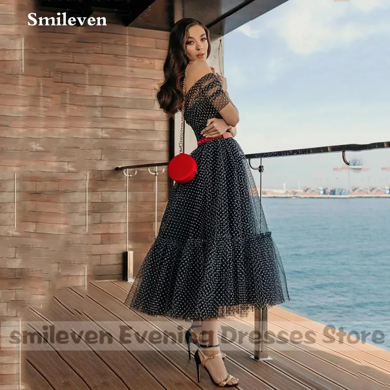 

Smileven Black Polka Dots Tulle Prom Dress Sweetheart Off the Shoulder Ball Gown Formal Dresses Ankle-Length Ruched Party Gowns