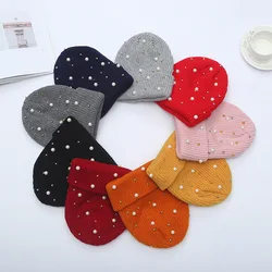 Winter Knitted Beanie Women Fashion Rhinestone Pearls Knitting Hats Ladies Casual Skullies Cap Female Solid Color Casual Bone