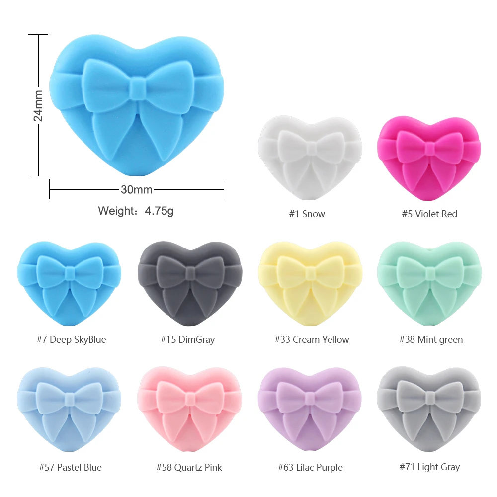 Bowknot Heart Baby Pacifier Beads Silicone BPA Free DIY Baby Teether Chain Wholesale Food Grade Rodent Teething Nurs Pearl Bead