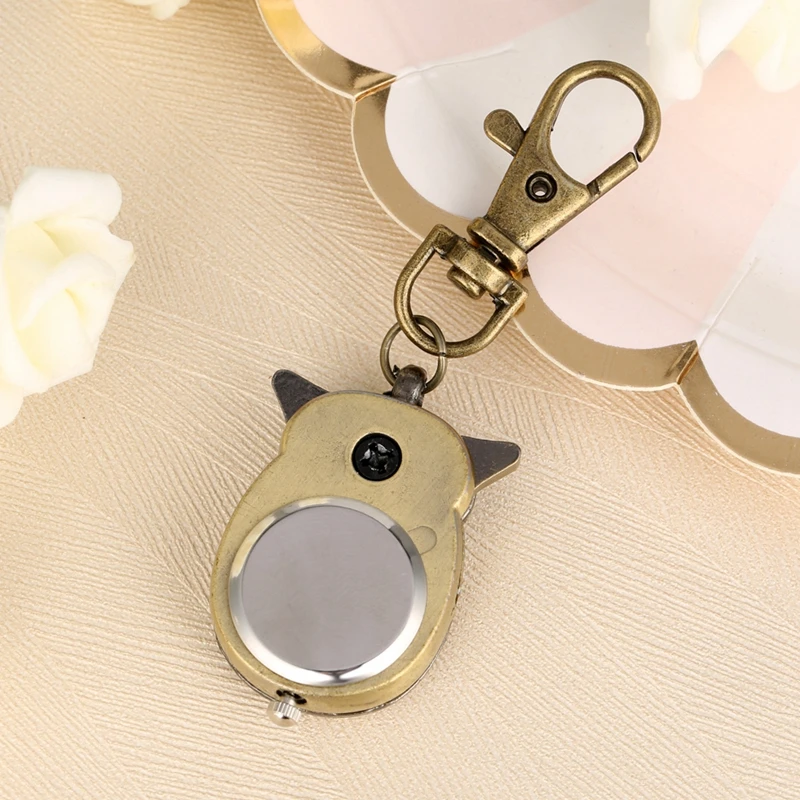 Cute Owl Keychain Pocket Watch, Bronze Fob Chain, Golden Key Chains, Flip Case, Hour Clock, Animais Relógios de bolso para homens, mulheres, Kid