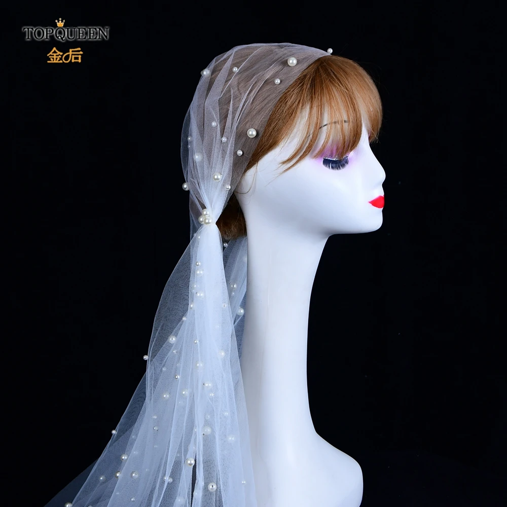 TOPQUEEN V12 Cheap Bridal Vintage Veil Hood Design Pearl Waist Length Single Layer Without Hair Comb Wedding Accessories