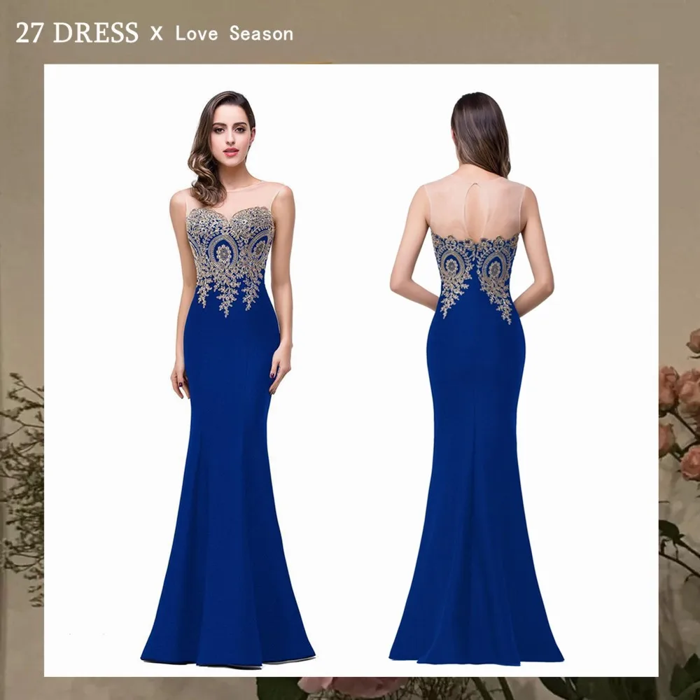 Elegante Meerjungfrau Brautjungfer Kleider Frauen Goldene Appliques Spitze Royal Blau Schatz Illusion Hochzeit Party Kleid Robe de Soiree