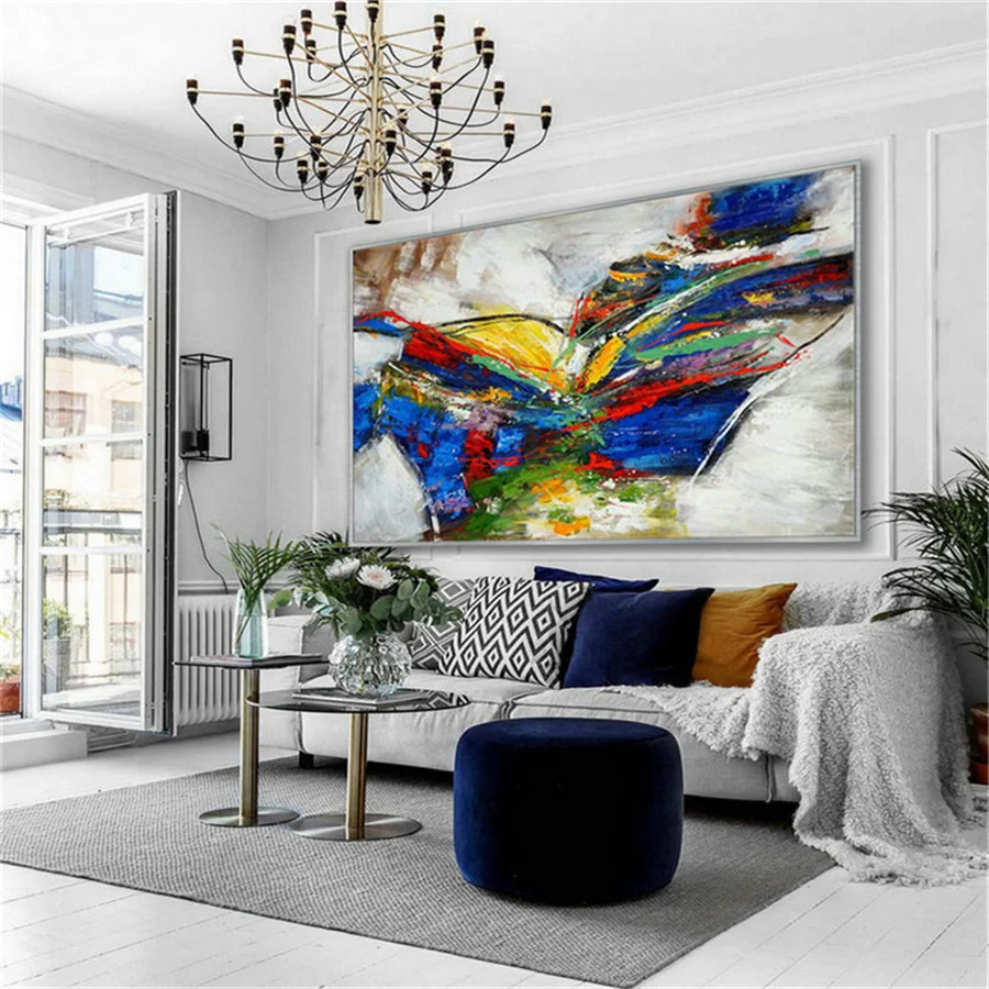 100% رسمت باليد الأزرق الملمس جدارية سميكة النفط اللوحة على قماش ملون أفقي اليدوية مجردة الملونة جدار صورة فنية