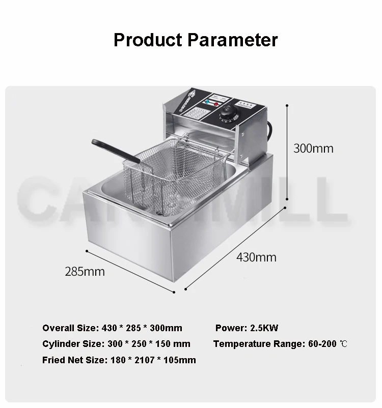 CANDIMILL 6L Electric Deep Fryer Commercial Stainless steel Grill Oven Chicken French Frie Frying Machine Kitchen Cooking