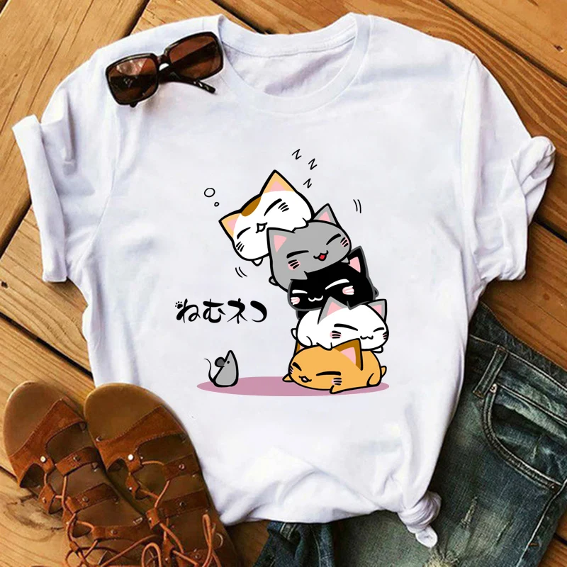 Summer Funny Cat Women T Shirt Casual Short Sleeve Korean Kawaii Ulzzang Tshirt Female White Print O-neck Top Tees Mujer