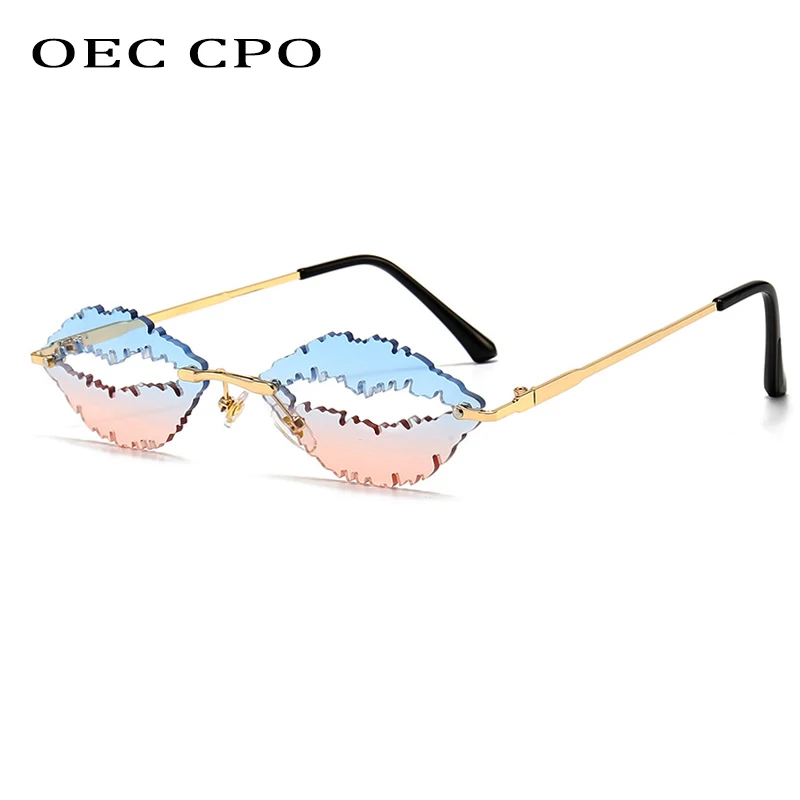 OEC CPO Fashion Rimless Sunglasses Women Unique Lips Shape Glasses Crystal Ocean Lens Sun Glasses Men Shades UV400 Oculos O728