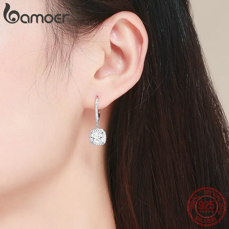 BAMOER Authentic 925 Sterling Silver Dazzling Cubic Zircon Square Geometric Drop Earrings for Women Wedding Jewelry SCE520