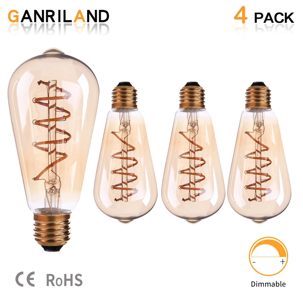 Ganriland Retro Edison Spiral Led Light Bulb ST64 3W E27 Led Filament Lamp Warm White 2200k Amber Glass Dimmable Decortive Light