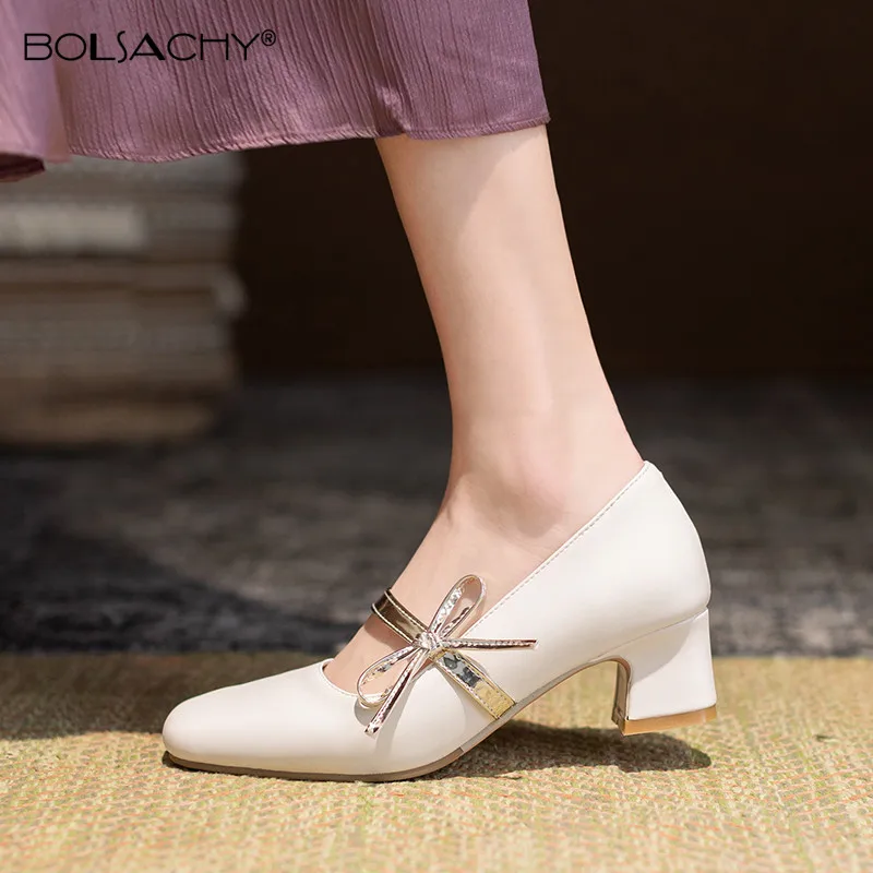 

Shoes Women Square Heels High Square Toe Wedding Party Derss Shoes Slip-on Bow Classic Pumps 2021 Spring New Beige Black 31-43