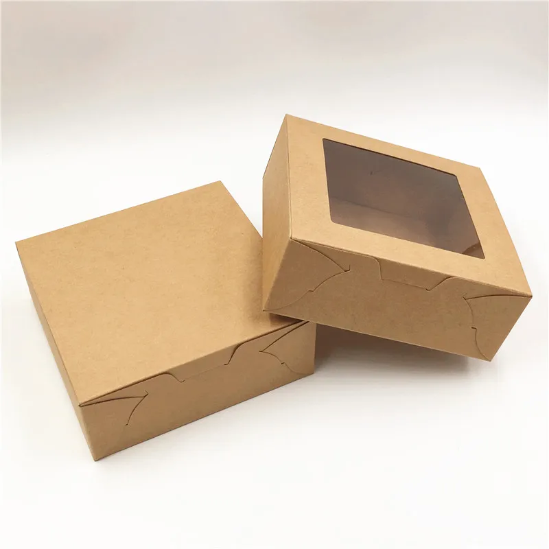 50PCS DIY Vintage Kraft Paper Gift Box Package With Clear PVC Window Candy Favors display Packaging Box