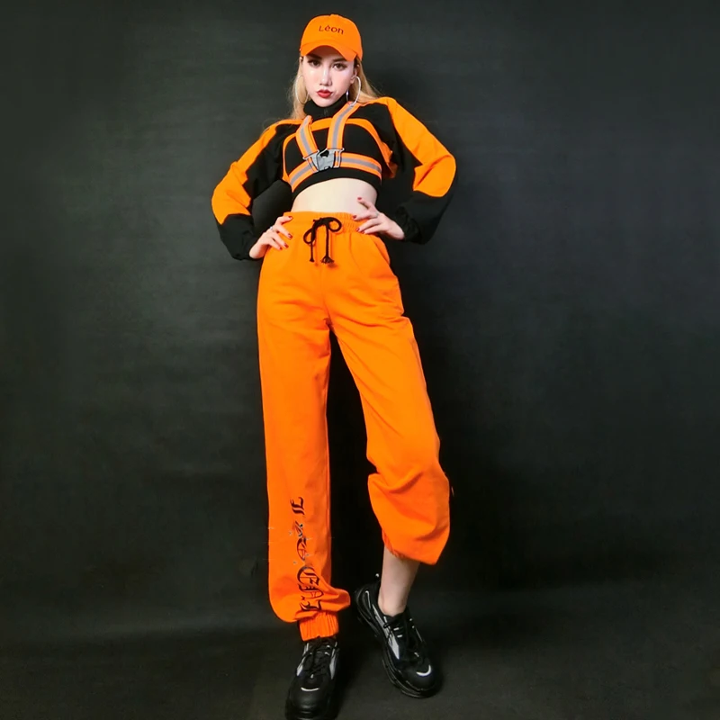 2021 Hip Hop Dance Costumes For Adults Orange Hiphop Suit Reflective Tape Women Gogo Dance DJ DS Costumes Rave Clothes SL4329