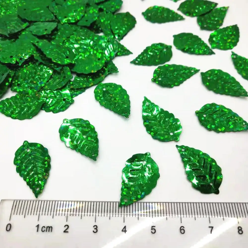 50g/lot Laser Green Leaf Sequins 13*24mm PVC Flat Foliage Hologram Sewing Leafage Leaves