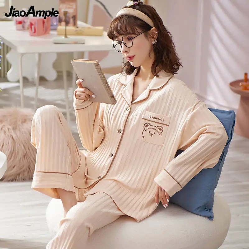 Women's Cotton Pajamas 2022 Spring Autumn Print Casual Pijamas Set Female Cardigan Sleepwear Cute Nightwear Home Clothes Suits