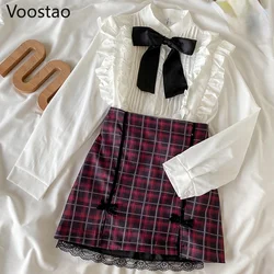 Wiosna jesień koreański słodki styl Lolita komplety spódniczek kobiety falbanki w stylu Vintage bluzka koszule Plaid Bow szczelina spódnice garnitur dziewczęcy 2 zestaw PC