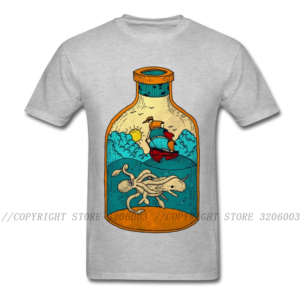 Bottle Summer Time 2018 Men T Shirt Novelty Design Vintage Painting Cartoon Ship Octopus Sea Whale Print Black T-shirt