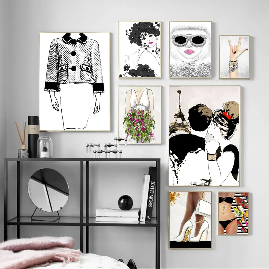 

Wall Art Canvas Painting Paris Fashion Dress Glasses Girl Nordic Posters And Prints Wall Pictures For Living Room Bar