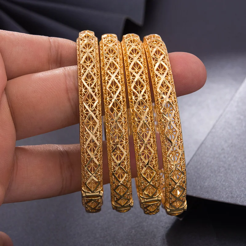 Wando 4Pcs/lot Top Quality Dubai Gold Color Bangles For Women Vintage Bride Wedding Bracelet Bangles Africa Arab Jewelry