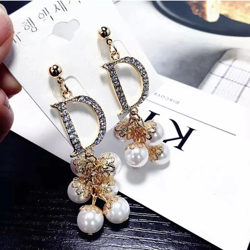 2020 Korea New Fashion Rhinestone Letter D Pearl Tassel Fruit shape Drop Earrings Long Pendients Women's Jewelry