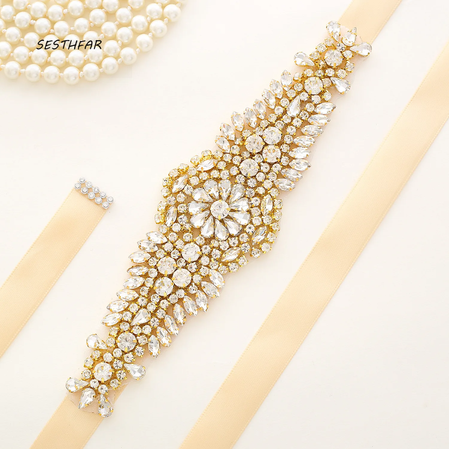 SESTHFAR  Rhinestones Wedding Dress Belt Gold Crystal Bridal Belt  Diamond Bridal Sash For Wedding Decoration J137G