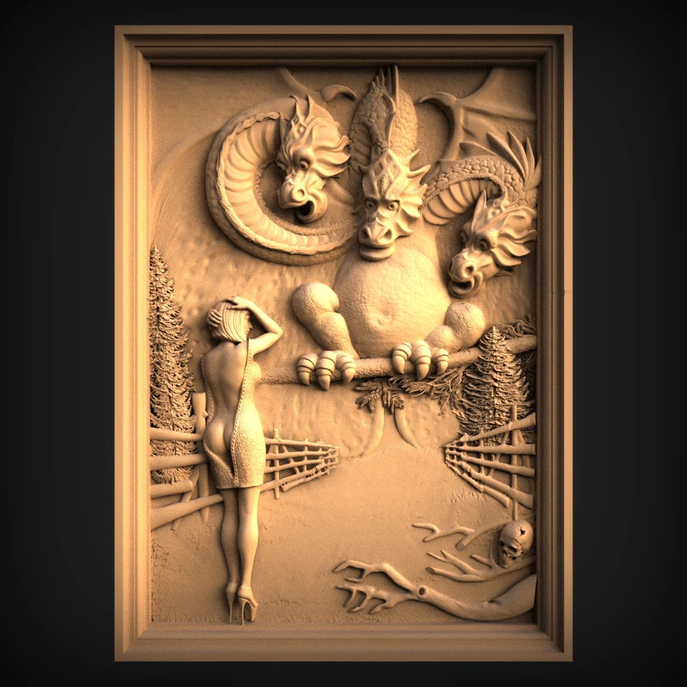 نموذج STL للطابعة ثلاثية الأبعاد لجهاز التوجيه باستخدام الحاسب الآلي Artcam Aspire Bas Relief _ ديكور المنزل "ملف CNC" تنين ثلاثي الرؤوس