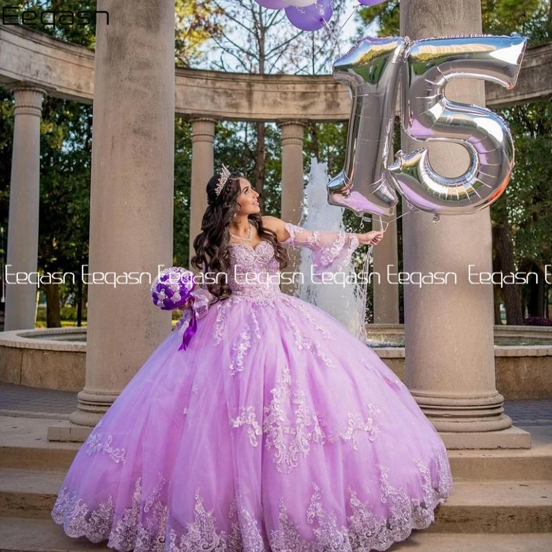 Prinses Lavendel Quinceanera Jurken V-hals Lace Up Baljurk Sweet 16 Dress Lace Lange Mouwen Vestidos De 15 Anos