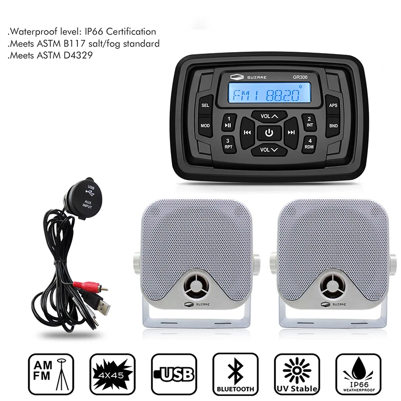 

Marine Stereo Radio Bluetooth Audio Receiver Car MP3 Player+4" Waterproof Marine Speaker+Boat USB Cable For RV Yacht Motorcycle