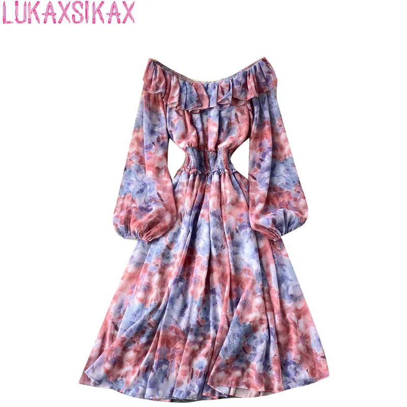 

LUKAXSIKAX 2022 New Spring Autumn Women Ruffled Slash Neck Long Sleeve Slim Long Dress French Retro Print Vacation Dress