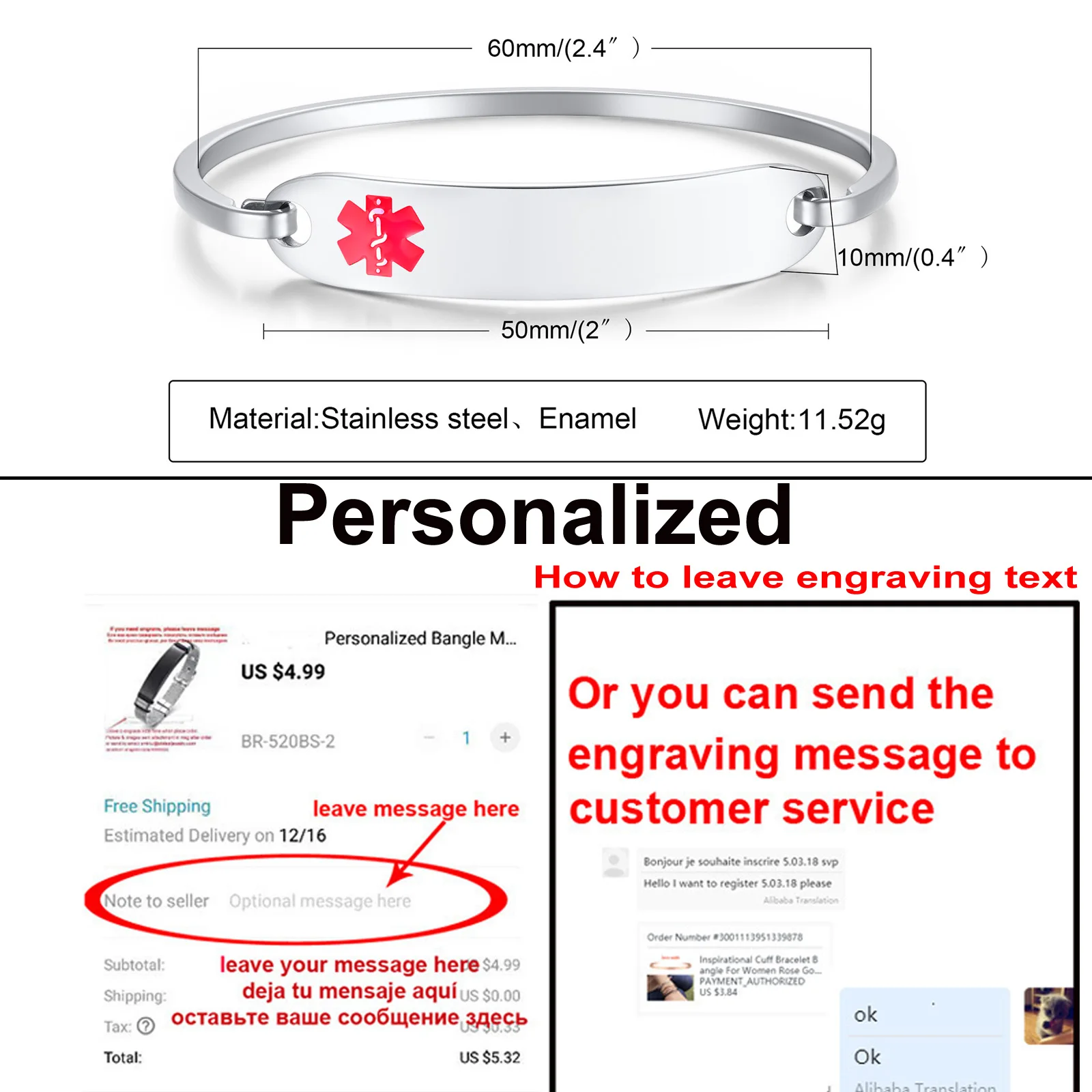 Women's Personalized Medical Alert ID Bangle Bracelet, Custom Gift
