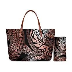 HYCOOL-Bolso de mano informal con estampado Tribal polinesiano para mujer, Cartera de cuero PU de lujo, conjunto de 2 piezas, personalizado