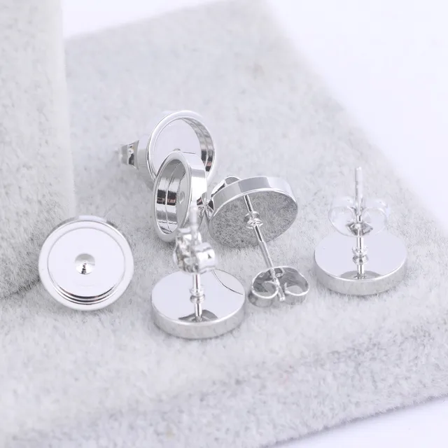 10 sztuk Stud kolczyk baza puste ze stali nierdzewnej srebrny Tone Fit 6mm 8mm 10mm 12mm Cabochon w pełnej oprawie Diy materiały jubilerskie