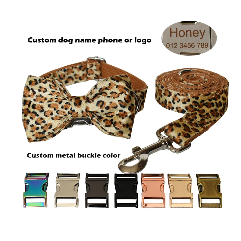 Leopard Print Bow Tie Dog Collar For Small Medium Large Dogs Custom Collars Engraved Nameplate Pet Supplies Necklace Animal 01