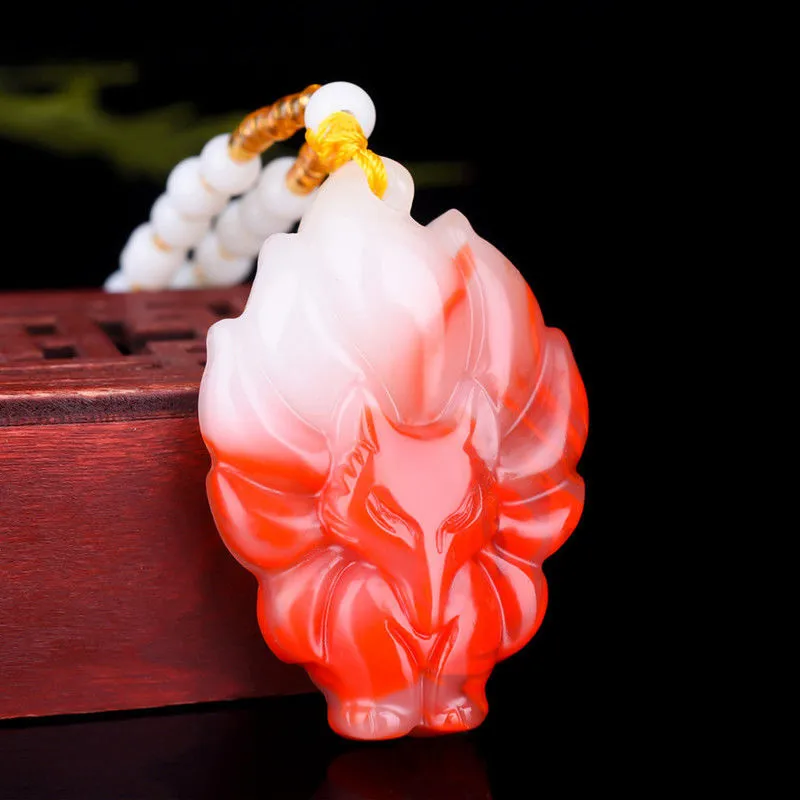 Natural Red White Jade Nine-Tailed Fox Pendant Necklace Chinese Carved Fashion Charm Jewelry Accessories Amulet for Women Gifts