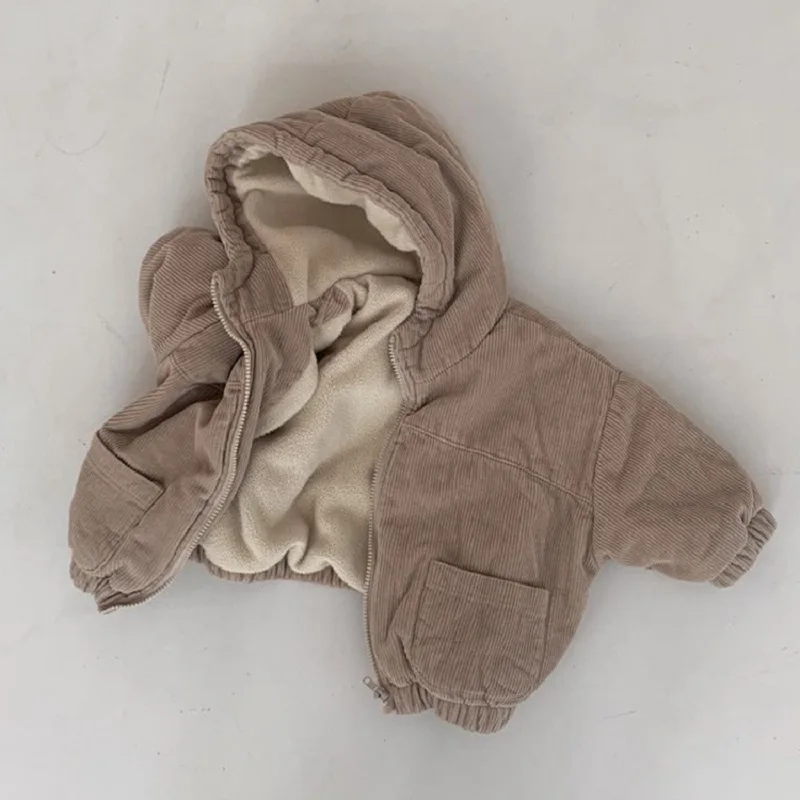 Baby Boy Girl Corduroy Down Jacket Fleece Thick Warm Infant Toddler Hooded Winter Coat Cotton Padded Outfit Baby Clothes 1-7Y