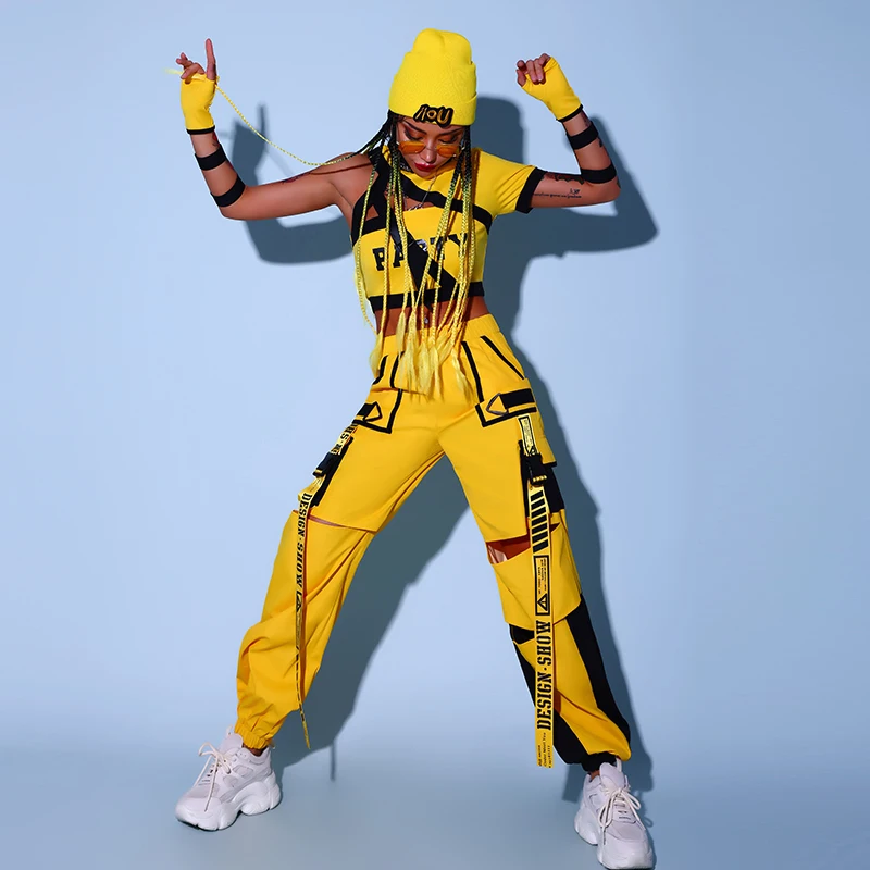 Jazz Dancer Outfit Women Hip Hop Dancewear Cheerleader Unidorm Stage Costume Yellow Cargo Pants Crop Tops DJ DS Clubwear DL8188