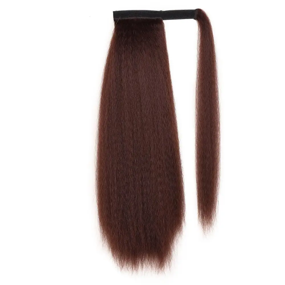 Afro Kinky Straight Ponytail Yaki Synthetic Hairpiece Wrap on Clip Hair Extensions Brown Pony Tail Natural Color Fack Hair