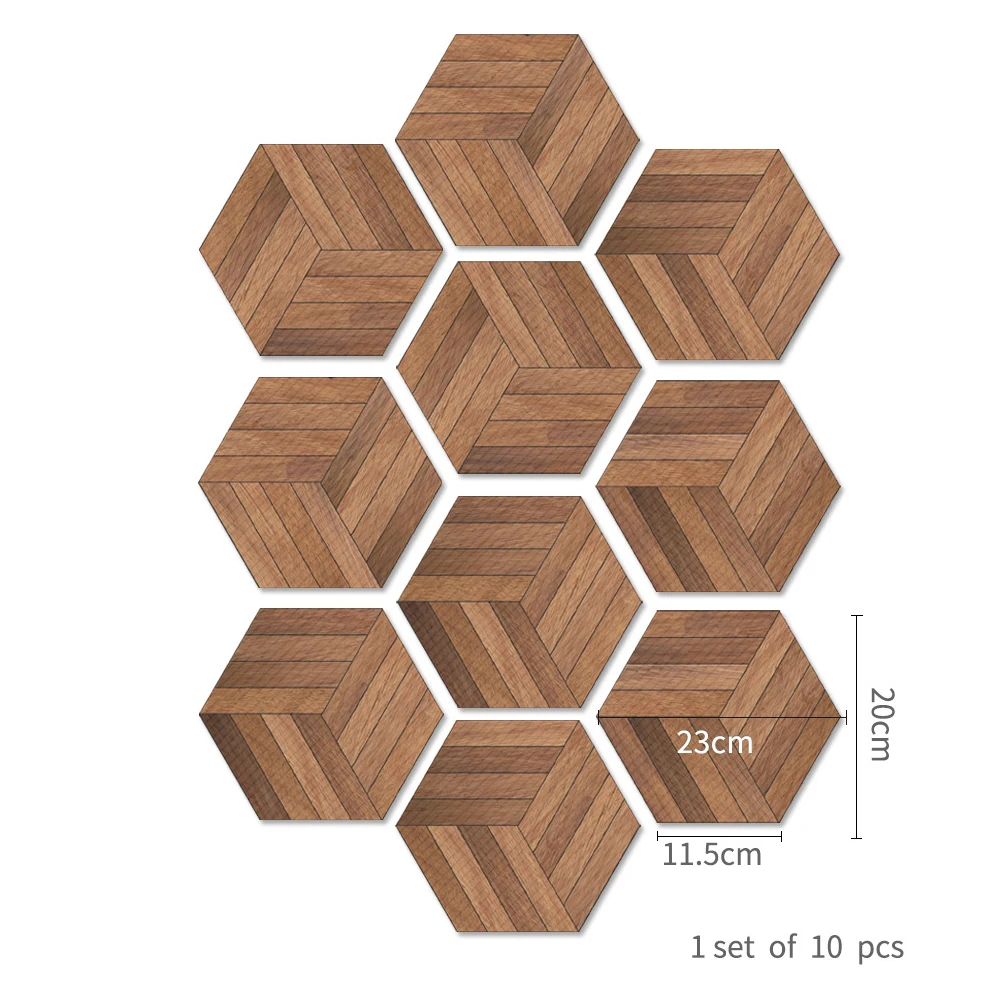 10pcs/set Wood Grain Floor Stickers Hexagon Pvc Twill Skid-proof Film Wooden Ground Sticker for Kitchen Living Room Waterproof