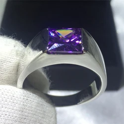 Charm Purple Amethyst Stone Rings For Men Women Real s925 Sterling Silver Ring Wedding Bands Square Zircon Engagement Ring Male
