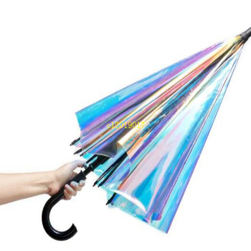 Laser Transparent Umbrella Rain Sunshade Long Handle Colorful Gradient PVC Holographic Umbrellas Outdoor Travel Umbrella