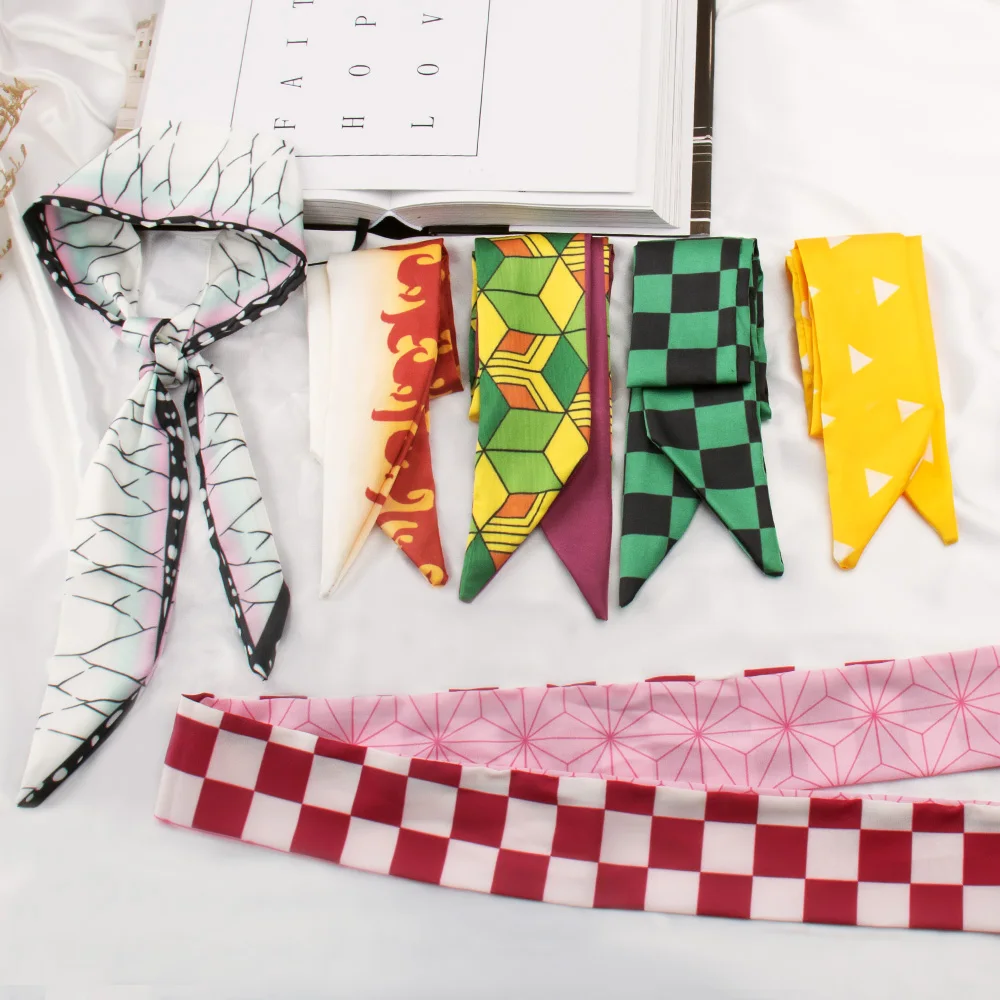 Demon Anime Cosplay Silk Scarf Nezuko Zenitsu Tanjirou Scrunch Scrunchies Ribbons Small Long Skinny Hair Ring