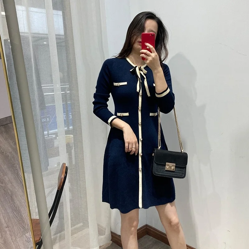 

Quality High Elegant Dress Women Spring Autumn Long Sleeve Wool Knitting Dress Vintage Single Breasted Design Lady Short Dresses