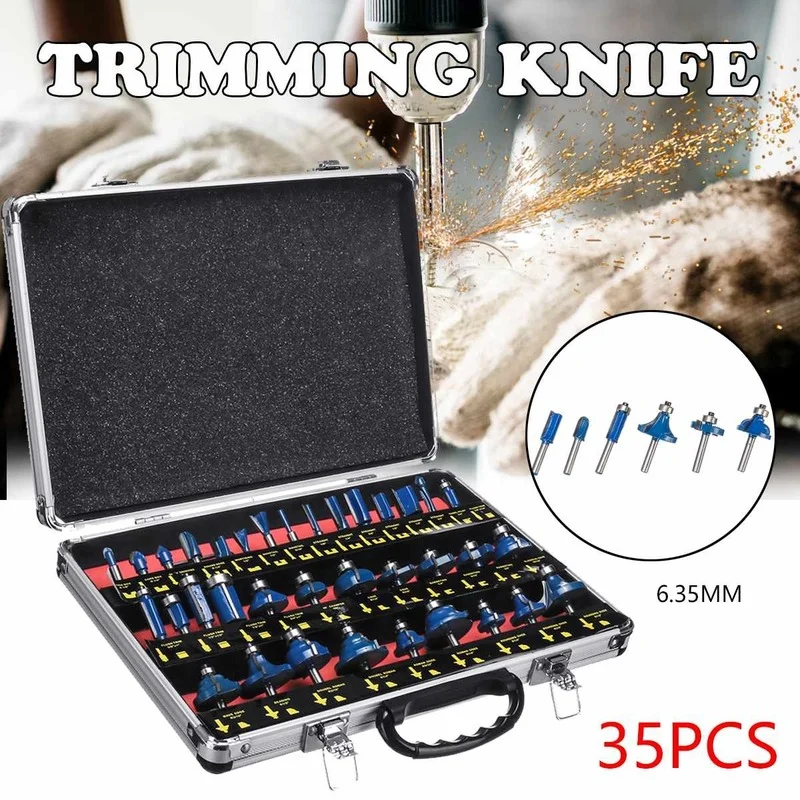 35PCS 1/4 Inch 6.35mm Wood Milling Cutter Shank Router Bit Set Trimming Machine Tool for Electric Trimmer Wood Work Cutting Kit