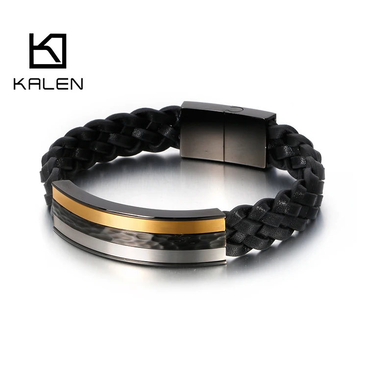 KALEN 21.5cm Black Genuine Leather Bracelet Men Stainless Steel Hip Hop Biker Bracelet Jewelry