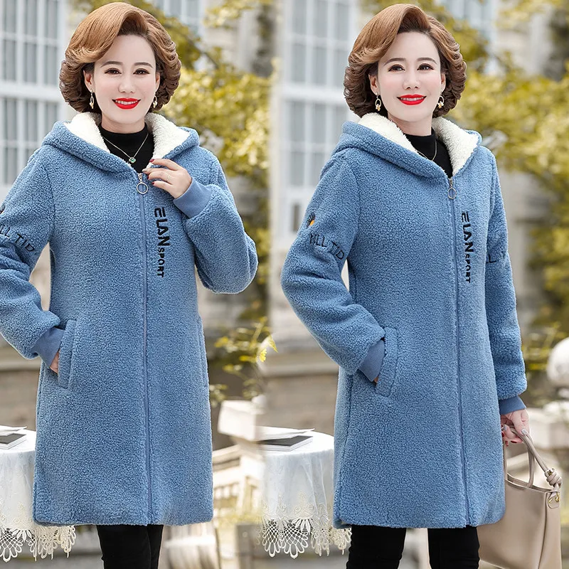 Winter Women Jacket long Lambswool Plus Velvet Cotton Coat Female Overcoat Hooded Warm Lady Outerwear Mother Clothes 5XL