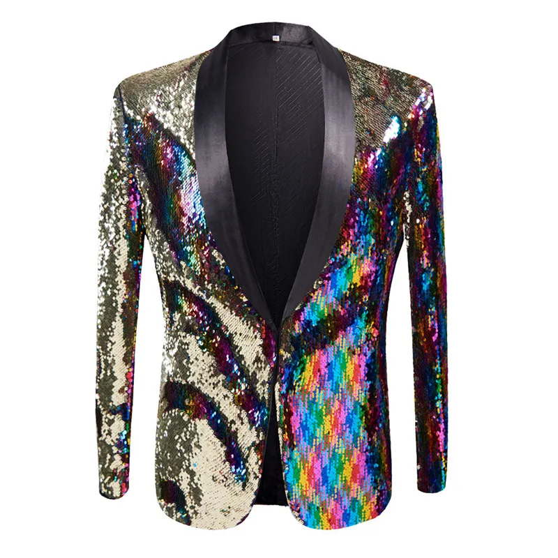 Multi-color Sequins Men's Stylish Gold Blazer Nightclub Bar Stage Singer Costume Evening Party Host Magician Show Mirror Tuxedo