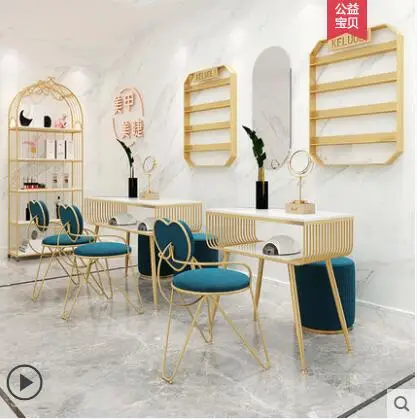 Web celebrity wind marble nail table and chair set single person double layer gold iron simple nail table nail table