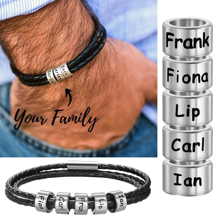 Pulsera de cuero trenzado para hombre, brazalete de cuentas de acero inoxidable con nombres familiares personalizados, regalo para el Día del Padre