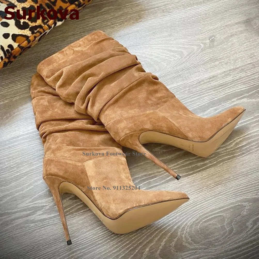 Surkova Brown Suede Pleated Mid-calf Boots Women Stiletto Heels Pointed Toe Dress Shoes Folded Pattern Middle Boots Size46