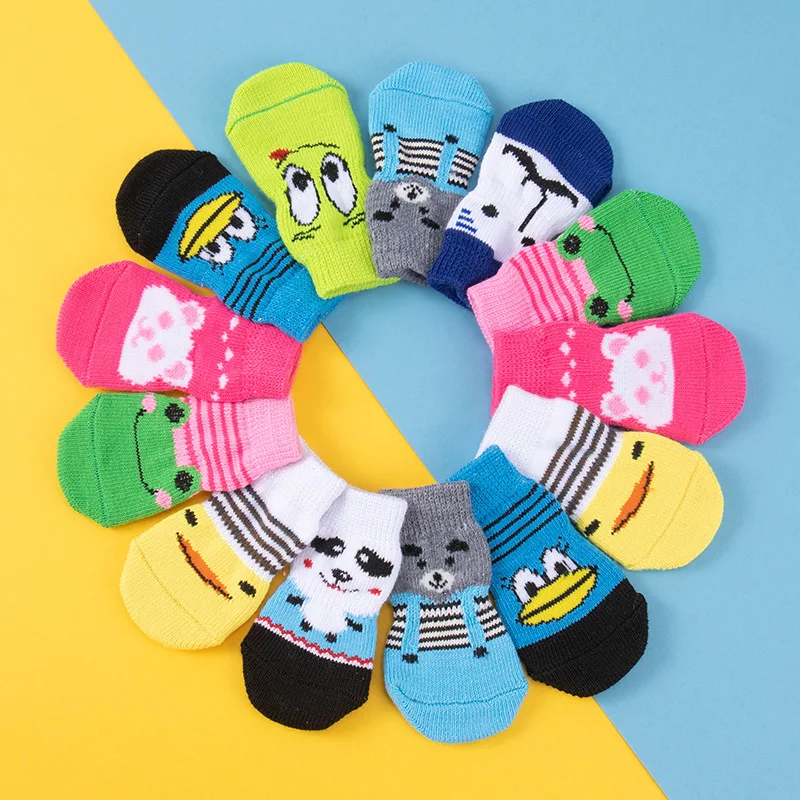 4 Pcs/Set Soft Cute Pet Warm Puppy Dog Socks Cartoon Anti Slip Skid Socks for Small Dogs Wear Slip on Paw Protector Chihuahua