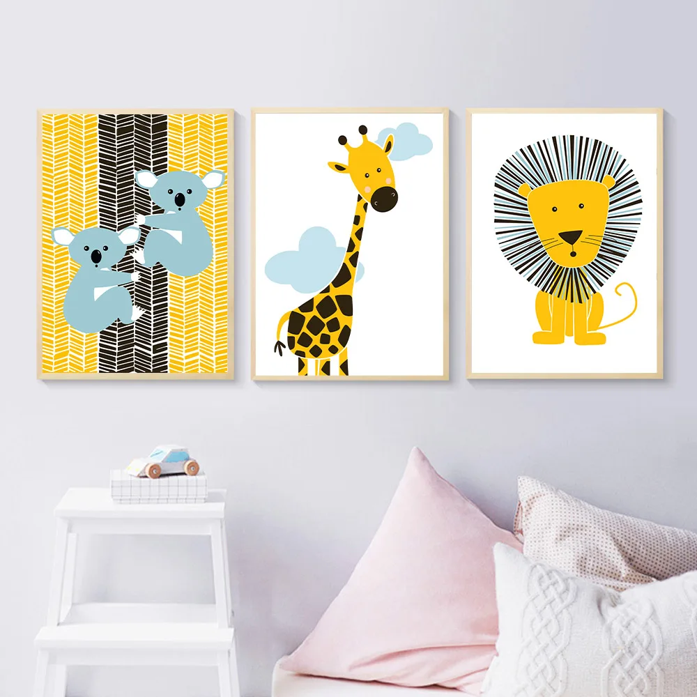 

Yellow Lion Canvas Painting Baby Room Decor Cartoon Animals Wall Art Poster Nordic Zebra Plakat Wall Pictures For Baby Kids Room